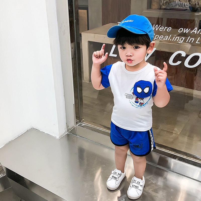 Bộ quần áo bé trai siêu nhân người nhện chất cotton gồm áo phông cộc tay và quần đùi cho bé trai từ 7 đến 18 kg