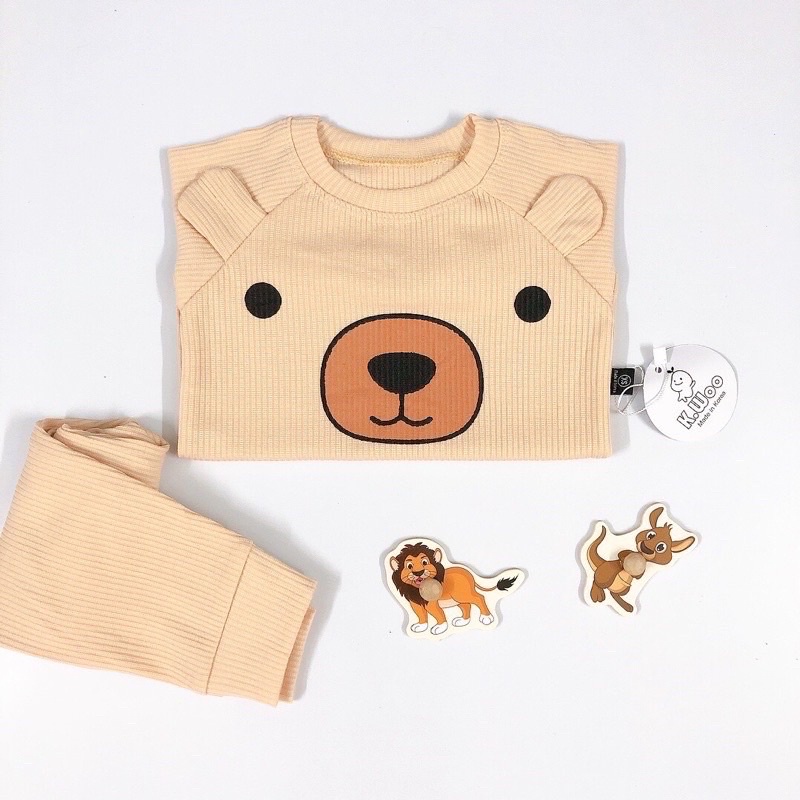 Bộ thu đông dài tay cho trẻ em 8-19kg, mẫu in mặt gấu chất gân tăm