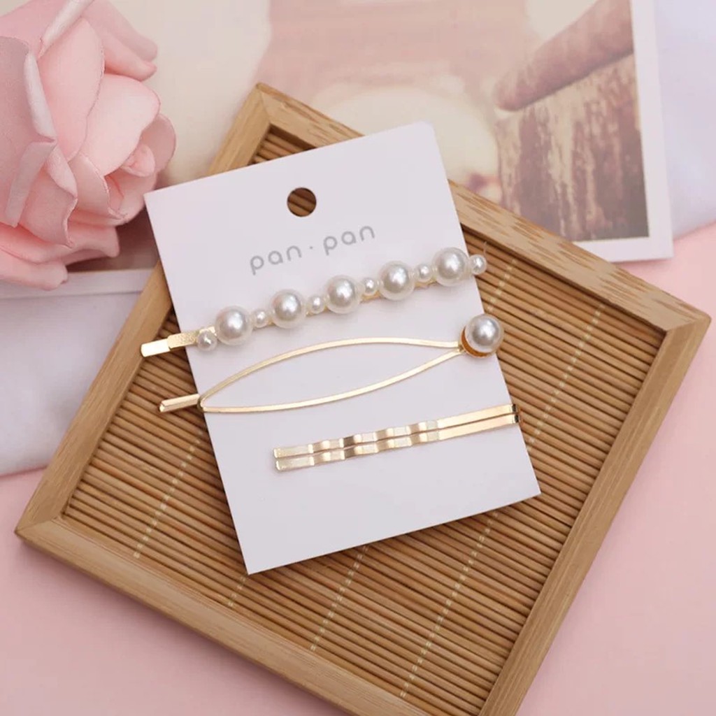 Set Kẹp Tóc Cài Tóc Kim Loại Nhỏ Bé Đính Đá Ngọc Trai Giả Phong Cách Hàn Quốc Đơn Giản