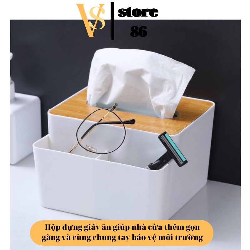 Hộp đựng giấy ăn sang trọng có ngăn để đồ đa năng, Hộp đựng khăn giấy để bàn cao cấp nắp gỗ