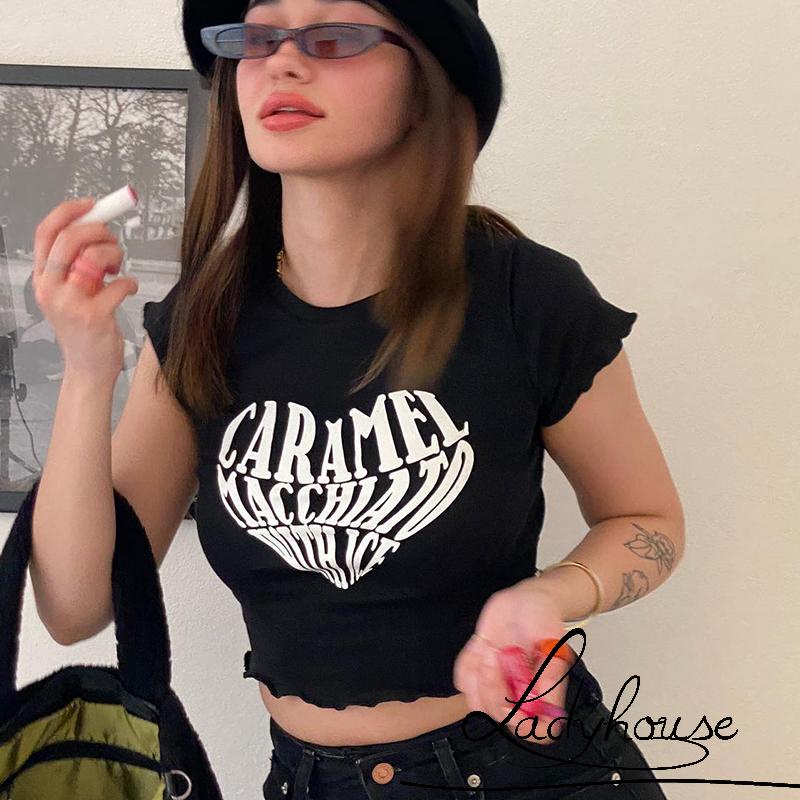 Áo Croptop Cổ Tròn Tay Ngắn In Chữ Thời Trang Mùa Hè Dành Cho Nữ