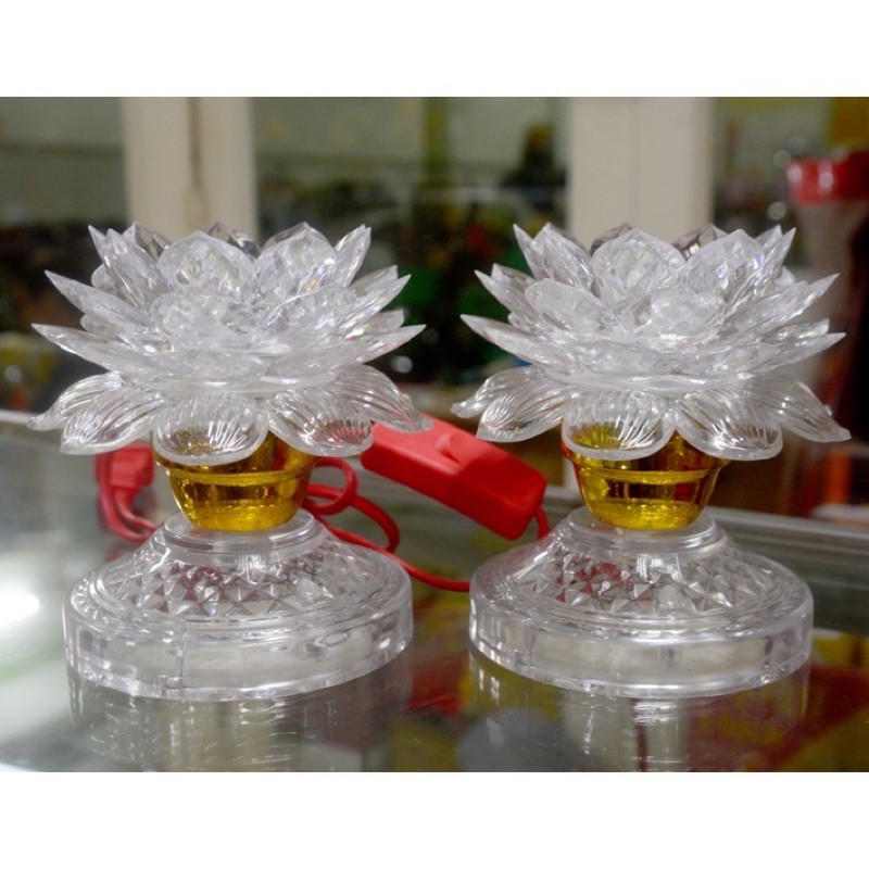 cặp đèn hoa sen trắng chân cao chớp 7 màu cao 12cm