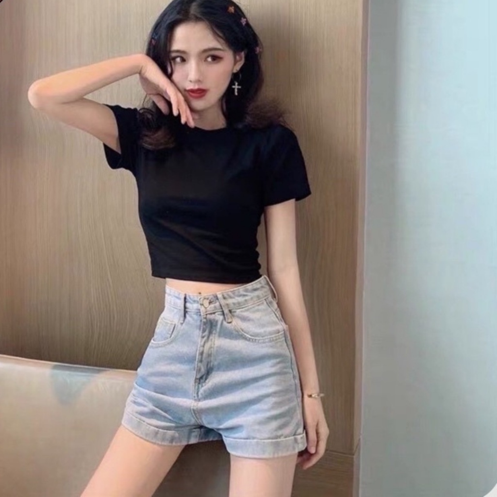 Áo croptop tay ngắn nữ ôm body Hagi clothings, Croptop Nữ trơn ngắn tay cổ tròn dáng ôm cổ tròn | BigBuy360 - bigbuy360.vn