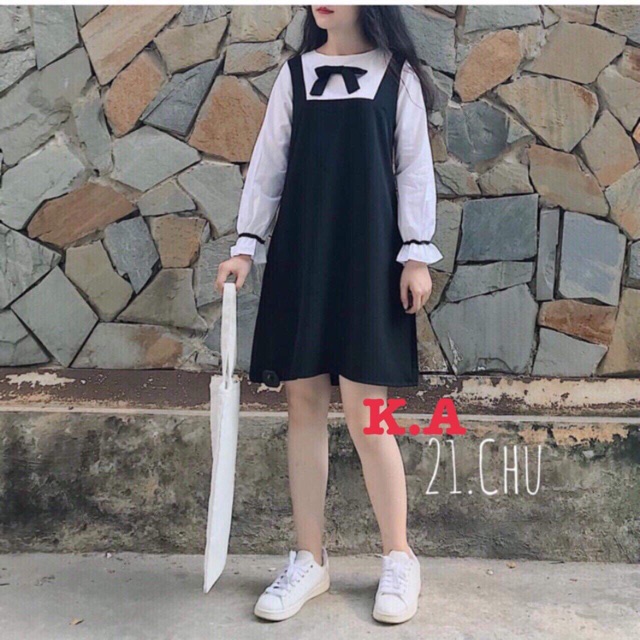 Váy phối tay bèo sơ mi trắng K&A