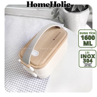 [INOX 304] Hộp Lunch Box Đựng Cơm Trưa/ Đựng Đồ Ăn Văn Phòng Hai Tầng Wooden 2L