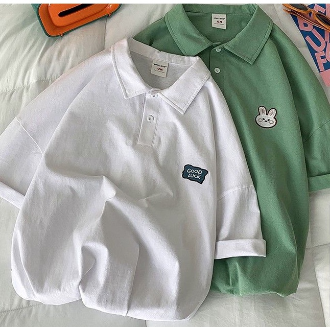 Áo Thun Polo Cổ Trụ In Hình May Mắn Siêu Cute Tay Lỡ Form Rộng Ulzzang Couple TTQ0017
