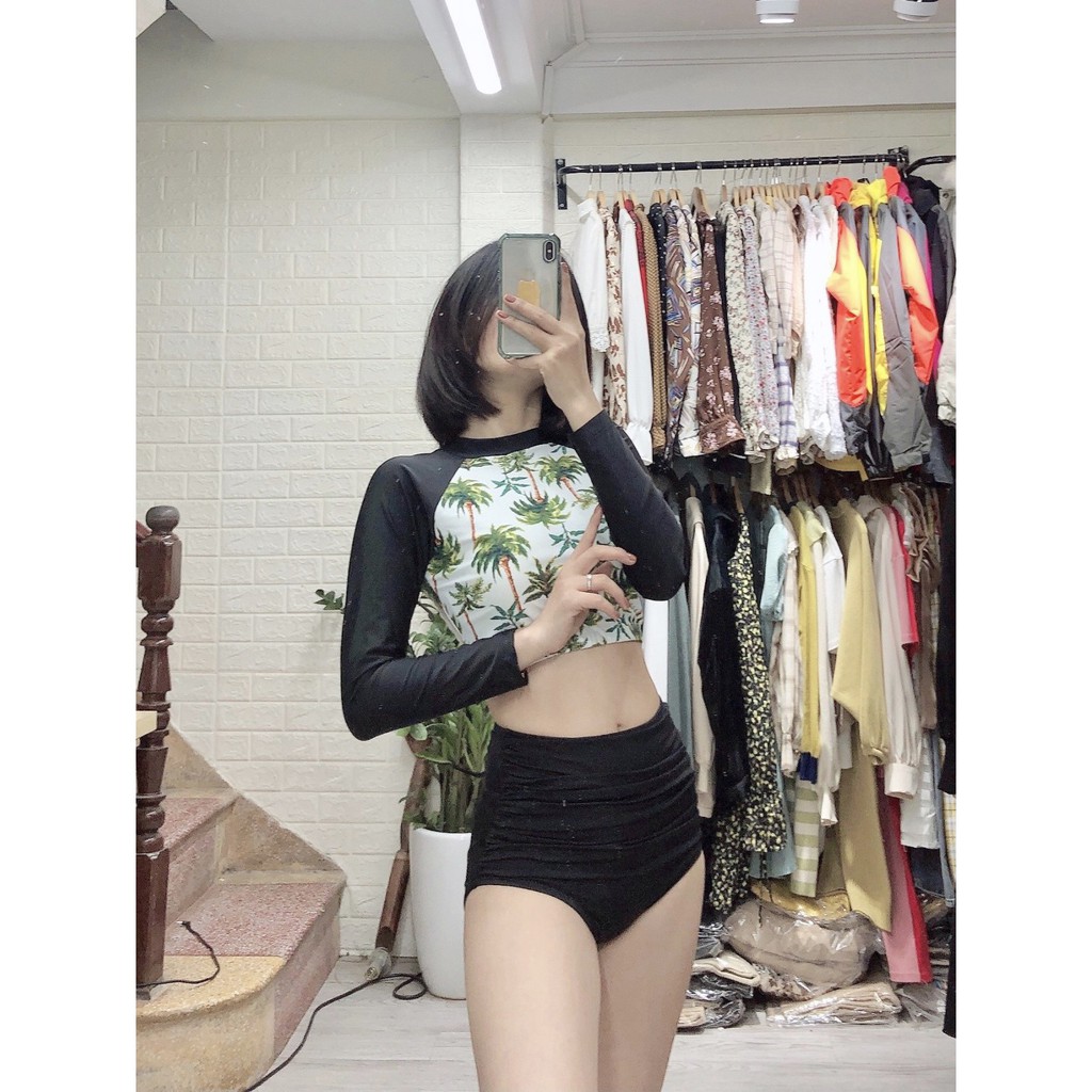 Bikini hai mảnh dài tay ️Freeship️ họa tiết cây dừa quần cạp cao mặc đi biển đi bơi mới nhất