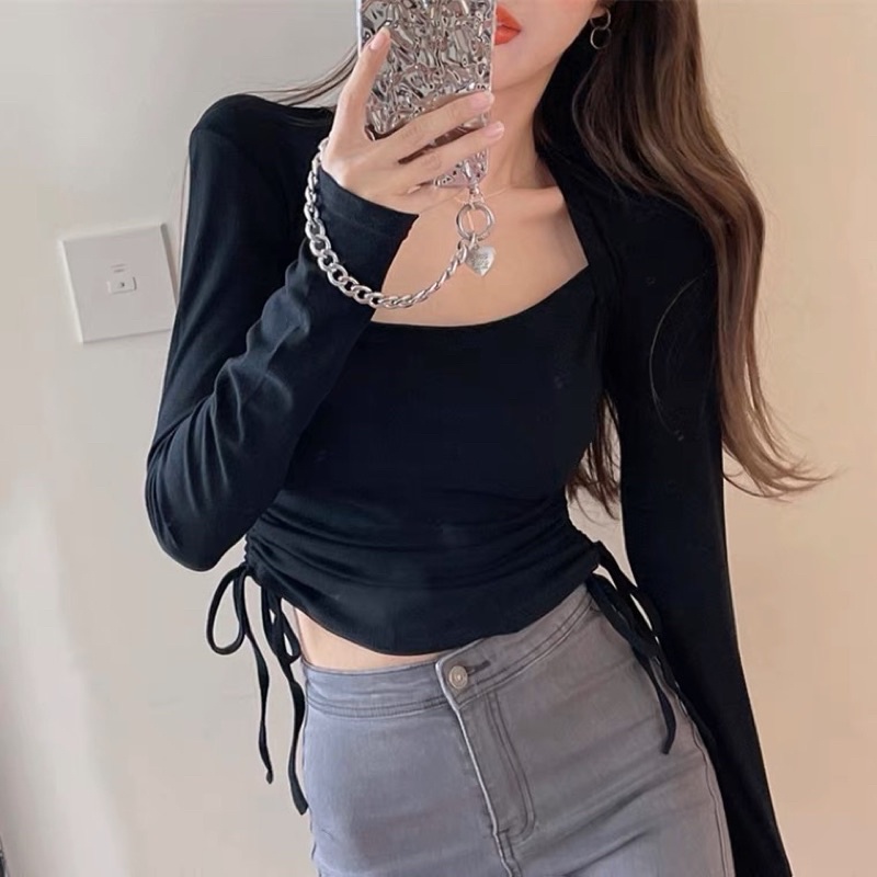 Áo thun rút eo cổ vuông siêu hack dáng chất cotton zip_Linhchi.studio
