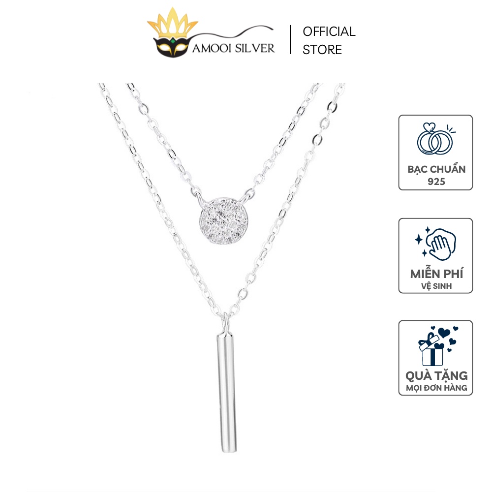 Vòng Cổ Bạc S925 Dây Đôi Thanh Dài Mặt Dây Chuyền Tròn Đính Đá - Amooi Silver AD43