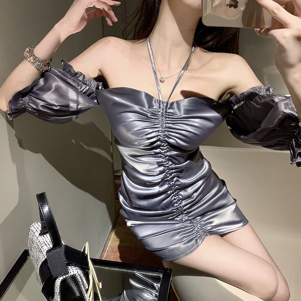 DUNEA Đầm Tay Phồng Phối Dây Rút Xếp Ly Phong Cách Pháp Trẻ Trung Cho Nữ