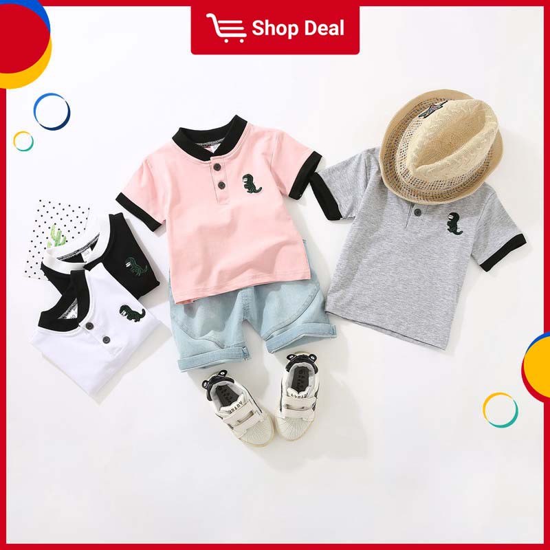 Set áo thun ngắn tay họa tiết khủng long + quần short denim phong cách mùa hè cho bé trai 0-5 tuổi