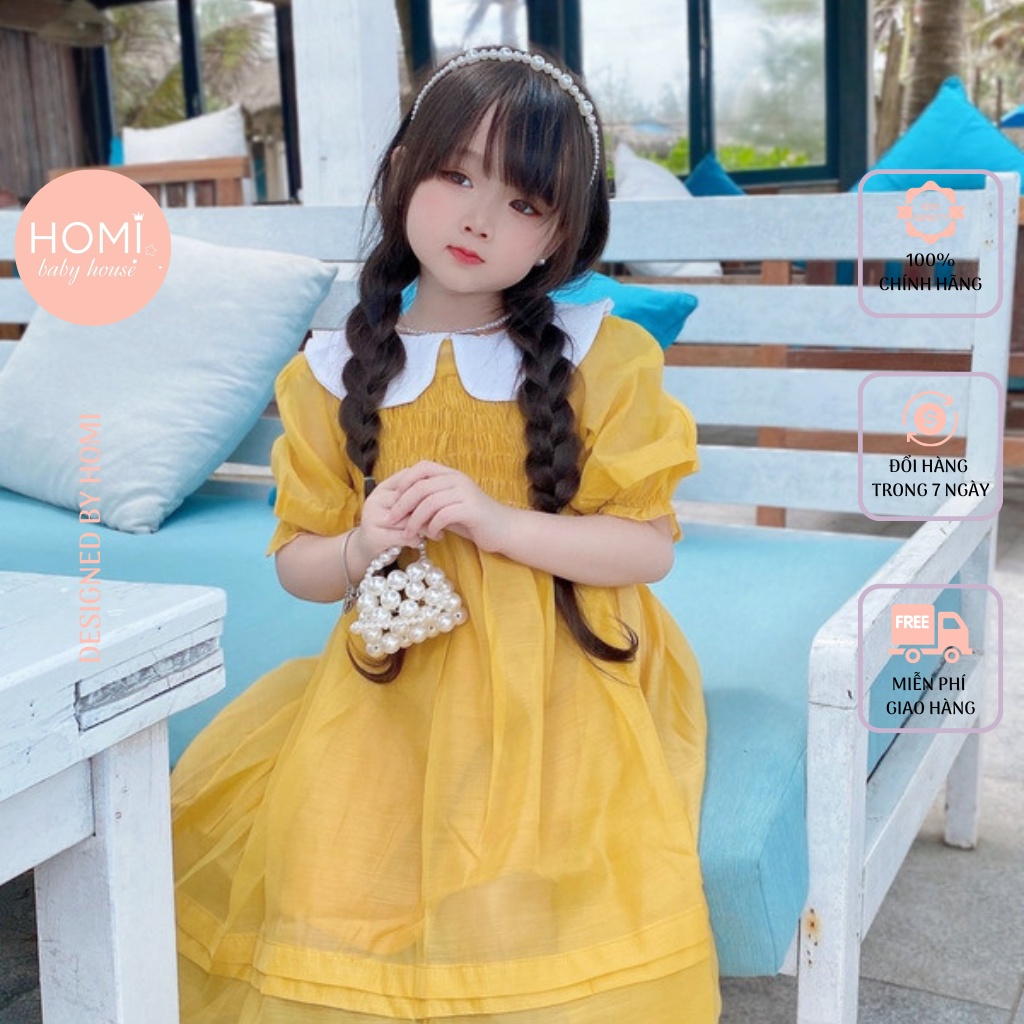 Đầm công chúa bé gái HOMI BABY HOUSE váy dạo phố cho bé Mabel nhún ngực cổ sen trắng màu tím/vàng/xanh