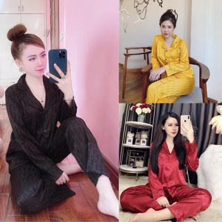 Pyjama nữ, đồ ngủ, đồ mặc nhà áo dài quần dài chất liệu lụa gấm cao cấp