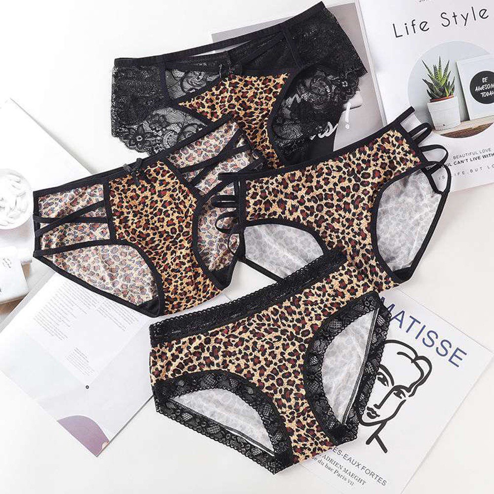 Quần lót lọt khe lưng thấp họa tiết da báo phối ren trong suốt quyến rũ cho nữ