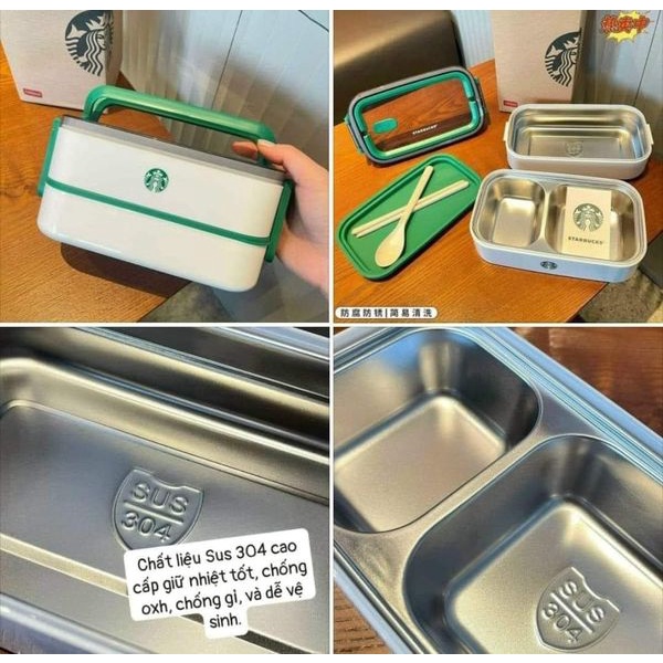 Hộp cơm văn phòng Starbuck 2 tầng chất liệu Inox 304 chia ngăn, Hộp cơm văn phòng giữ nhiệt kèm đũa thìa