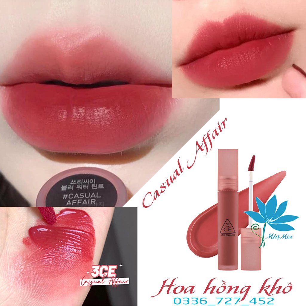 Son 3CE Blur Water Tint Casual Affair Son Kem Tint Lì Màu Hoa Hồng Khô