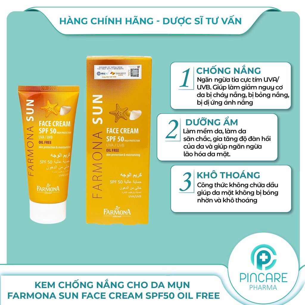Kem chống nắng cho da mụn Farmona Sun Face Cream SPF50 Oil Free 50ml - Hàng chính hãng - Nhà thuốc PinCare