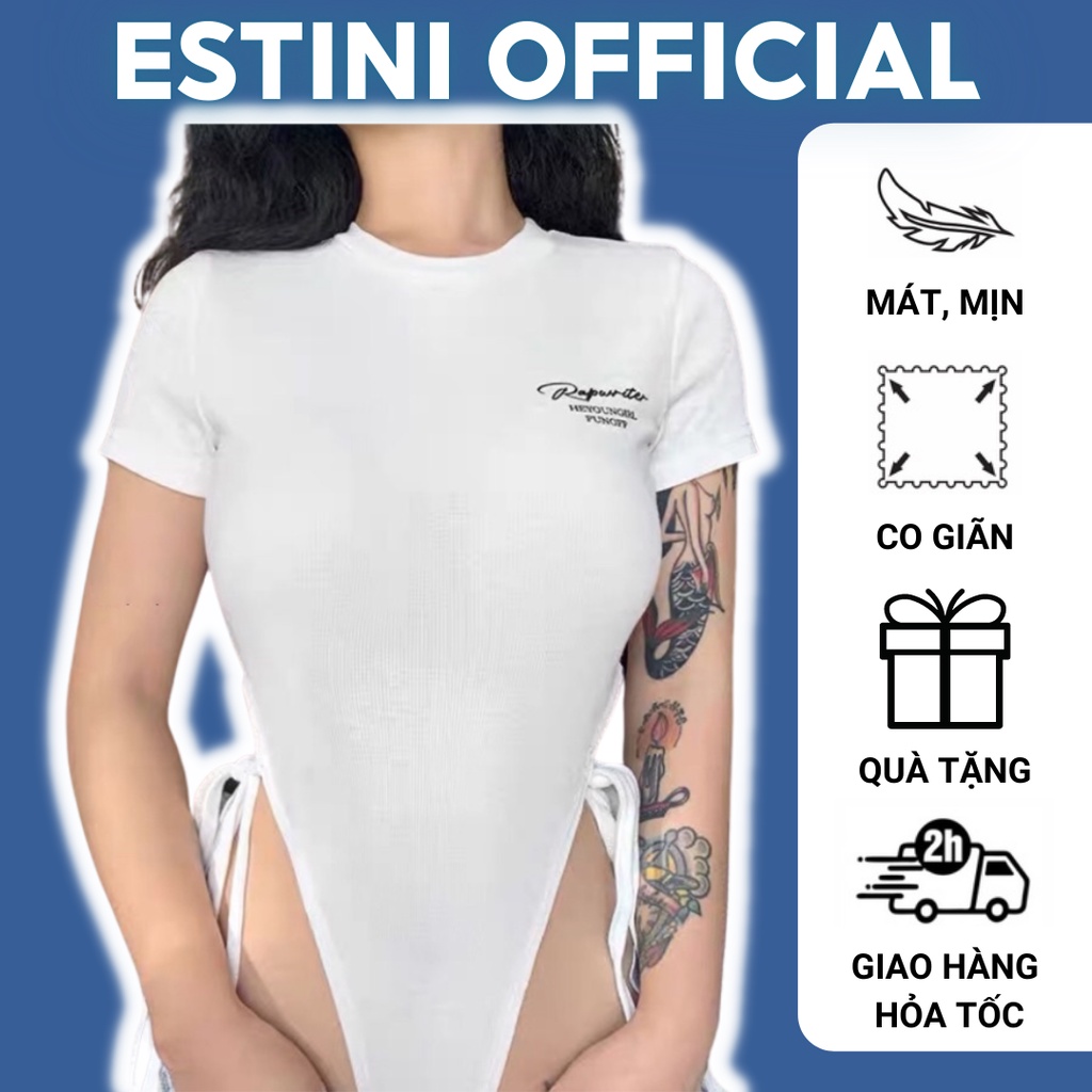 Áo bodysuit ESTINI khoét eo sexy thêu chữ hot Tiktok Vải borip gân chất siêu đẹp, mịn