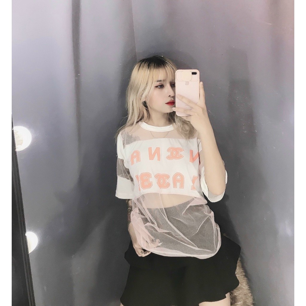 Áo lưới form rộng in chữ hiệu to trước cực xinh , chất lưới có kèm lót trong mềm mịn