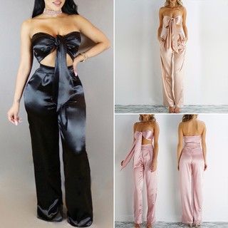 Set áo cúp ngực cột nơ + quần dài chất phi bóng cho nữ