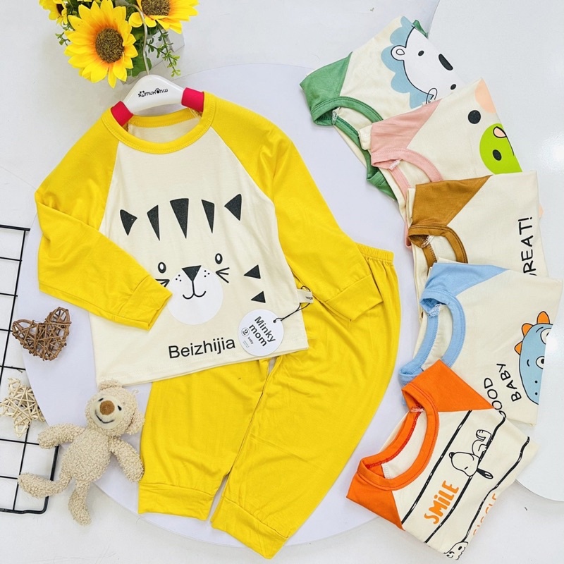 Bộ thun lạnh dài tay cho bé , Bộ Minky mom bé gái - bé trai in hình thú dễ thương