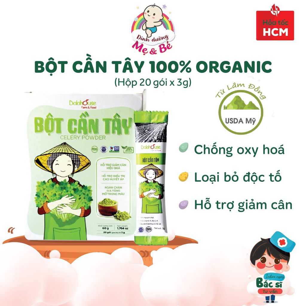 Bột Cần Tây Nguyên Chất 100% Dalahouse (H/20g x 3g)-Hỗ trợ giảm cân, làm đẹp da, thanh lọc cơ thể, an toàn cho mẹ