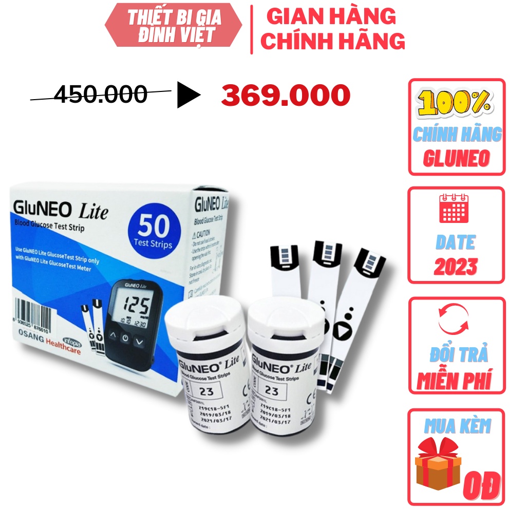 50 Que thử đường huyết GluNEO Lite + TẶNG 10 kim chích máu + Mua 10 Bộ Tặng Đồng hồ treo tường