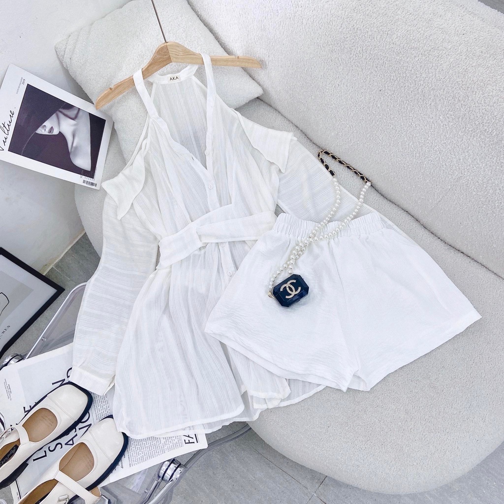 SET SƠ MI TRẮNG KHOÉT VAI DÂY CHÉO EO + SHORT