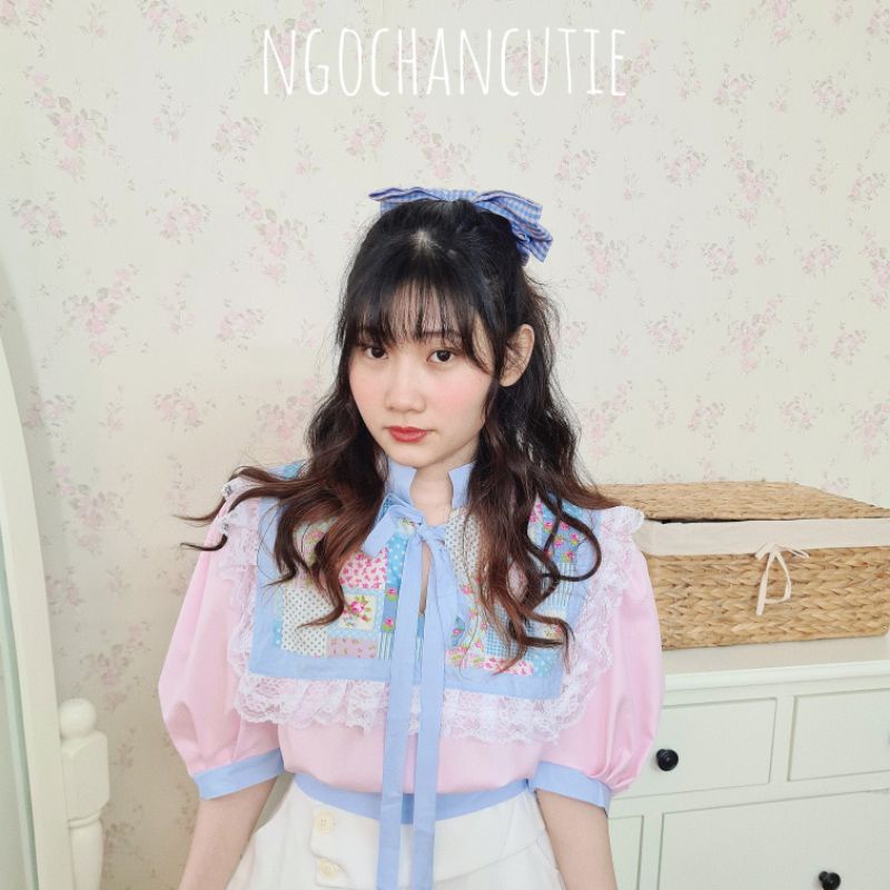 Áo croptop kanayo tay bồng ngắn hồng baby phong cách vintage cute ngọt ngào Ngochancutie