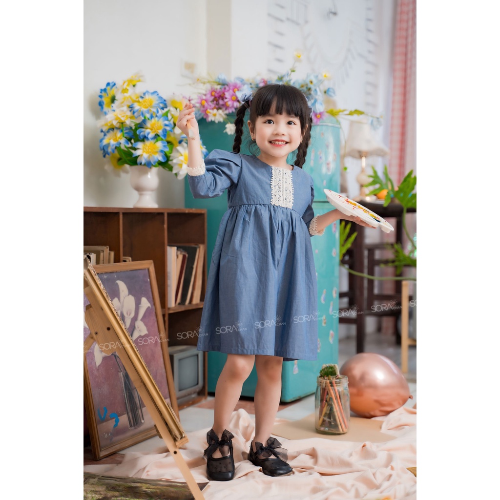 Đầm xanh đậm phối ren vintage Sora Chan - M026