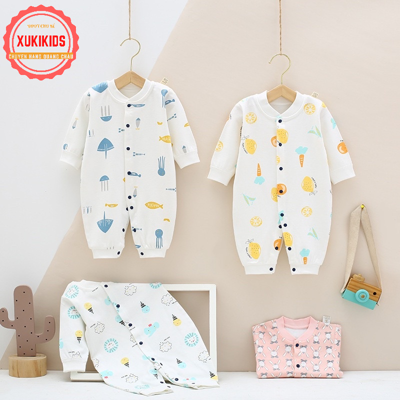 Body dài tay Bodysuit 100% cotton Hàng Quảng Châu cài giữa liền thân cho bé trai bé gái