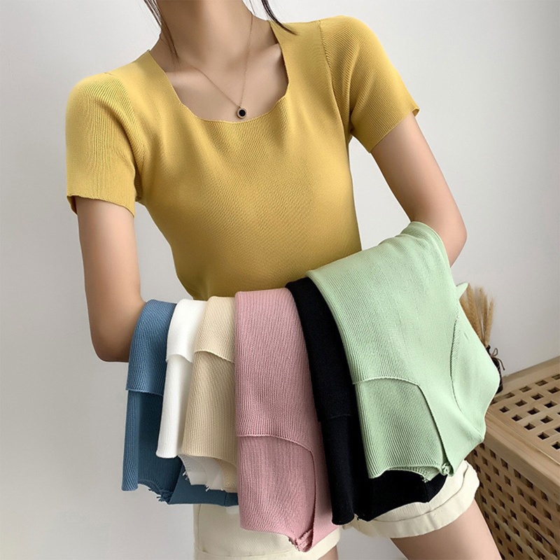 Áo Thun Dệt Kim Tay Ngắn Cổ Vuông Màu Trơn Dáng Ôm Thời Trang Cho Nữ