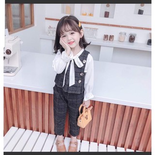 Set 3 chi tiết Áo sơ mi, áo ghile kèm quần sọc caro siêu xinh cho bé