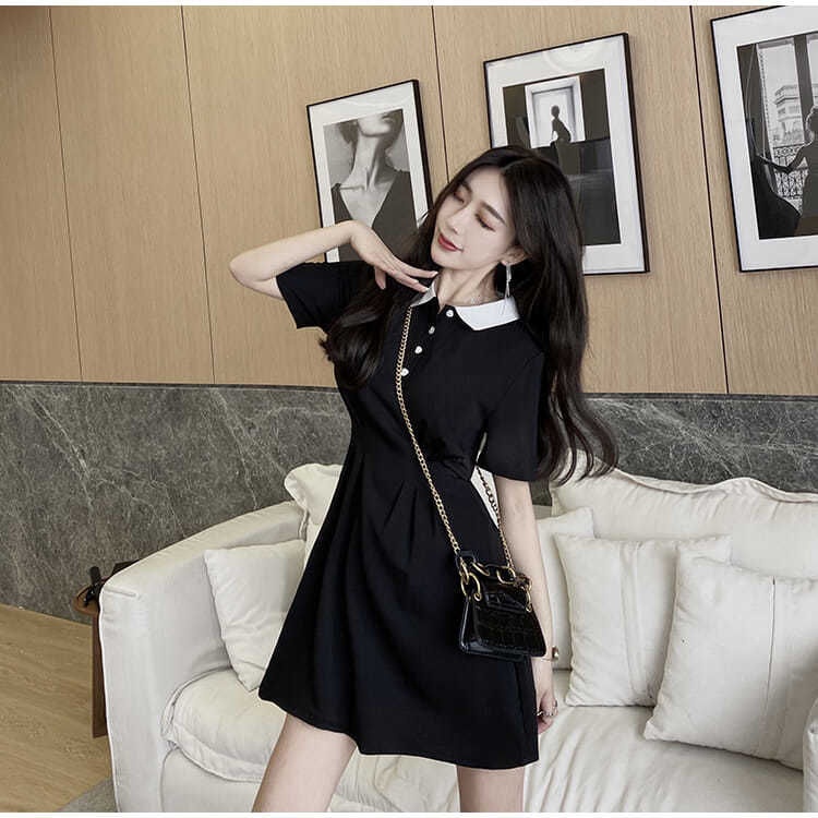 Đầm ZHELIHANGFEI ngắn tay cổ polo màu đen phong cách preppy