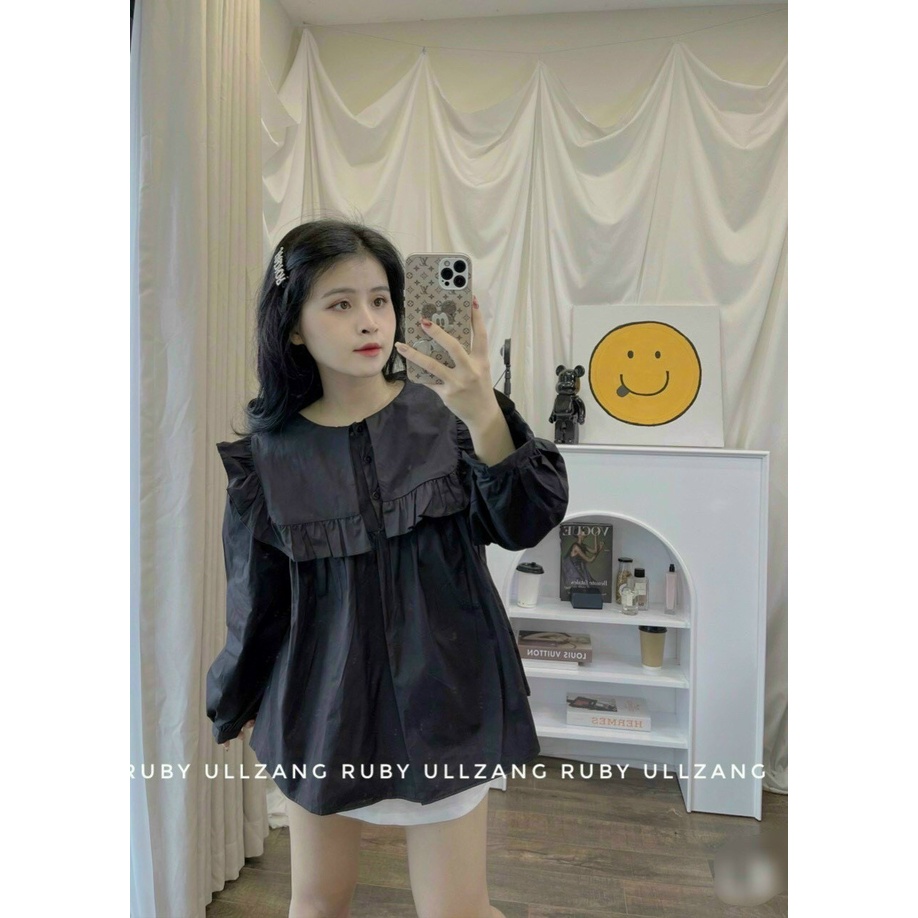 Áo Sơ mi Cổ Bèo Tay Phồng  phong cách tiểu thư,  bánh bèo, dáng babydoll 4 màu đen, trắng, xanh,nâu