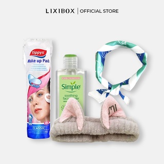 Combo nước hoa hồng simple, bông tẩy trang tippy's, 80 miếng băng đô rửa mặt umi, khăn vuông bandana