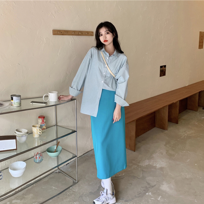 Spot  summer  western style  split ends  high waist  drape  skirt + blue  stripes  shirt | BigBuy360 - bigbuy360.vn