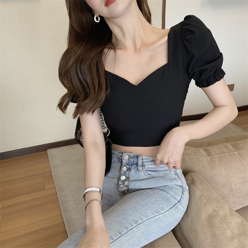 Áo sơ mi nữ khoét rốn lưng cao,  cổ chữ V hở xương đòn tay phồng, skinny san