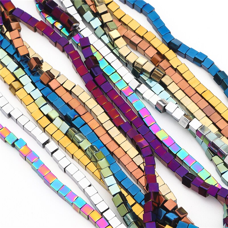 Hạt đá tự nhiên hematit khối lập phương mạ nhiều màu tráng gương dùng đồ trang sức 15&quot;