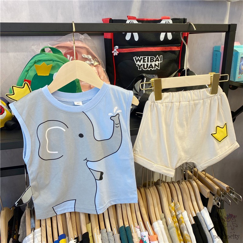 Bộ áo thun sát nách in họa tiết chú voi + quần short thời trang cho bé trai