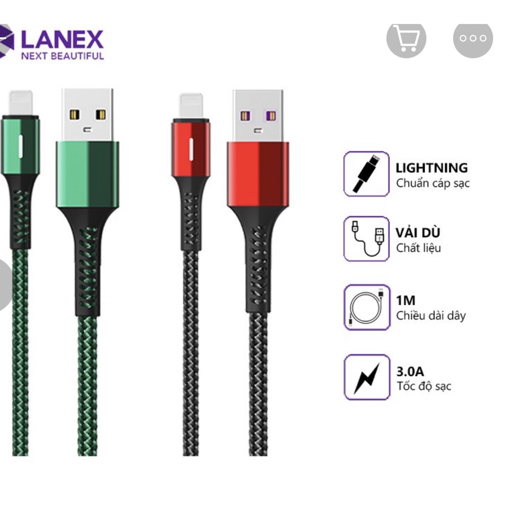 Cáp sạc nhanh LANEX LTC-N15L dây dù 5.0A,có đèn Leb,tương thích nhiều thiết bị