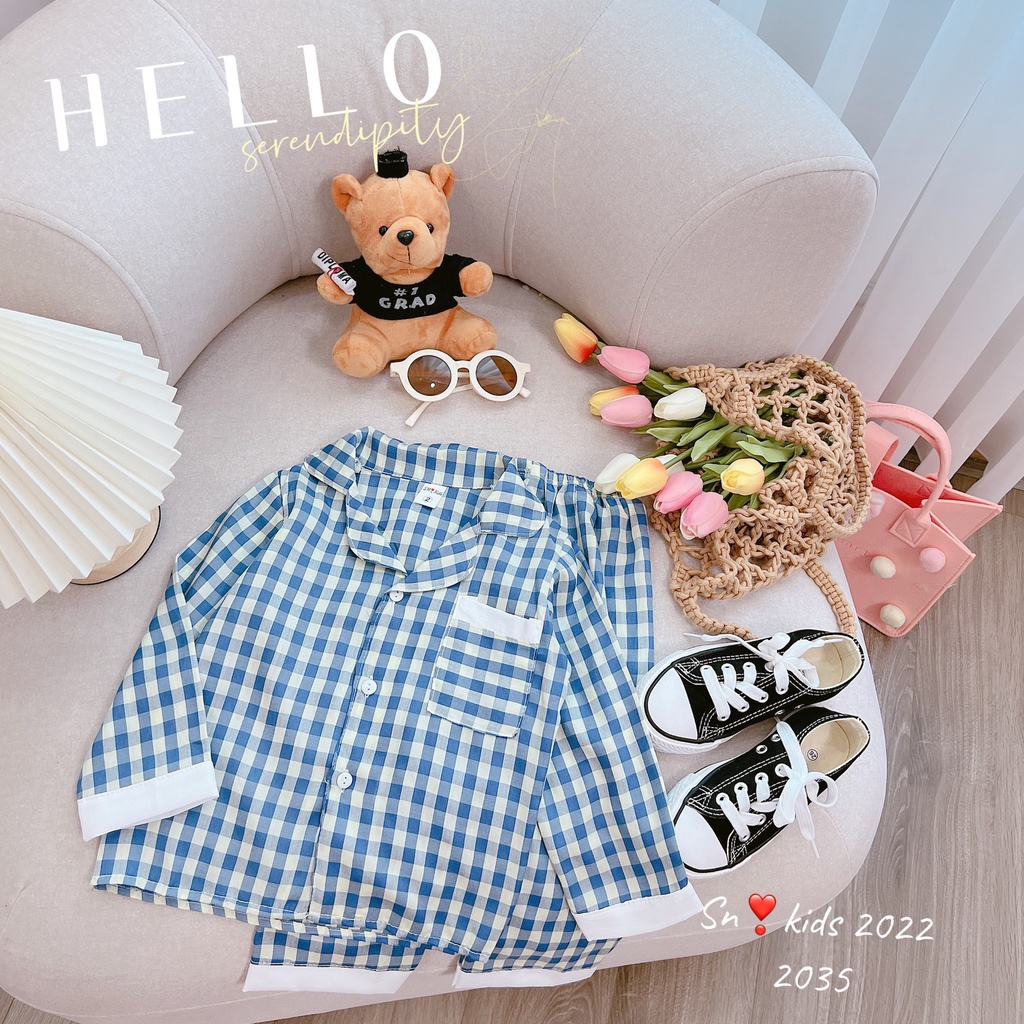 Bộ đồ bé gái pijama dài tay kẻ karo 8-20kg
