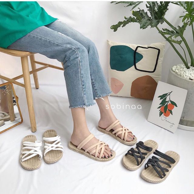 Sandal đế nhựa giả cói siêu dẻo quai chéo dây
