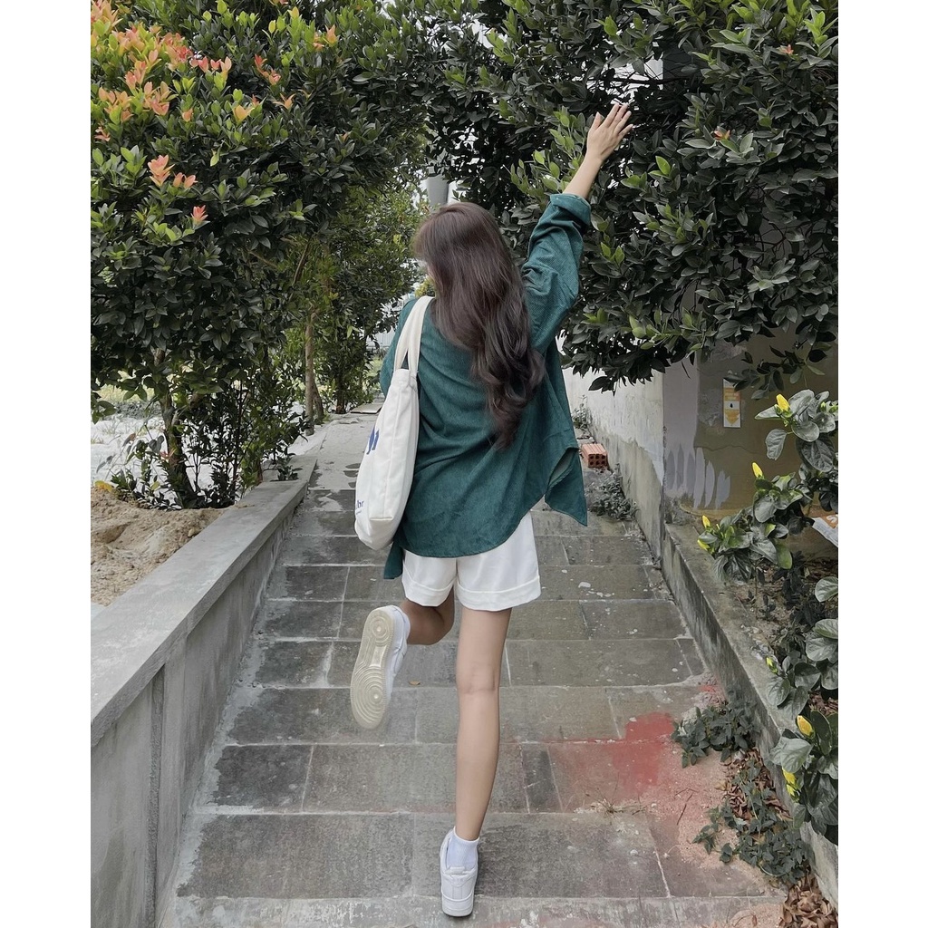 [Ảnh thật/Sẵn] Áo sơ mi nhung tăm trơn dài tay oversize form rộng ulzzang