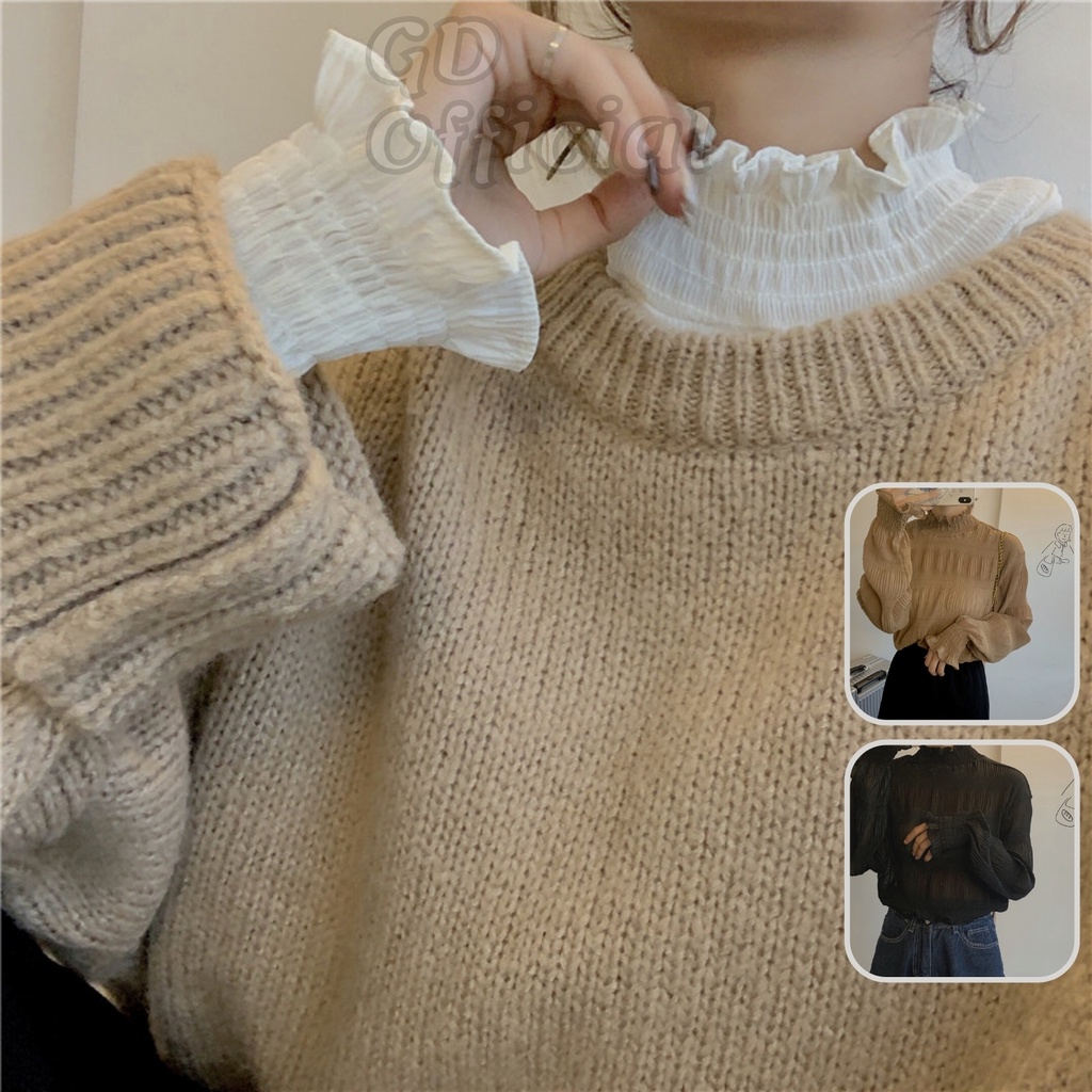 AT1|Áo sơ mi voan cổ cao lọ đứng mặc bên trong áo len tay bèo phồng thun dài ren trắng đen nâu GD Official