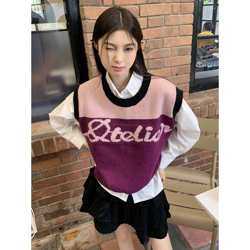 Áo Sweater Dệt Kim Không Tay Dáng Rộng Phong Cách preppy
