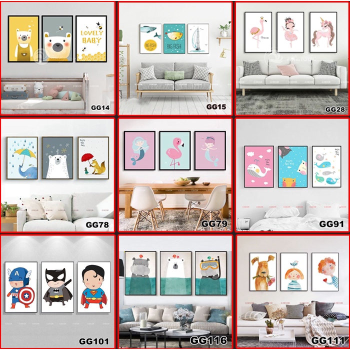 Tranh treo tường canvas hoạt hình trang trí phòng ngủ bé trai, bé gái, tranh siêu nhân, búp bê, anime, công chúa, baby