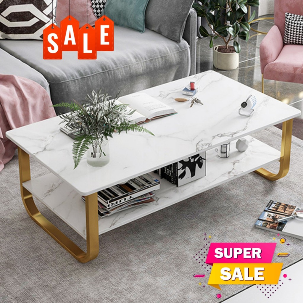 Bàn Trà Sofa 2 Tầng Kích Thước 80*45*41cm Chân Tròn Phong Cách Họa Tiết Vân Đá B012-1