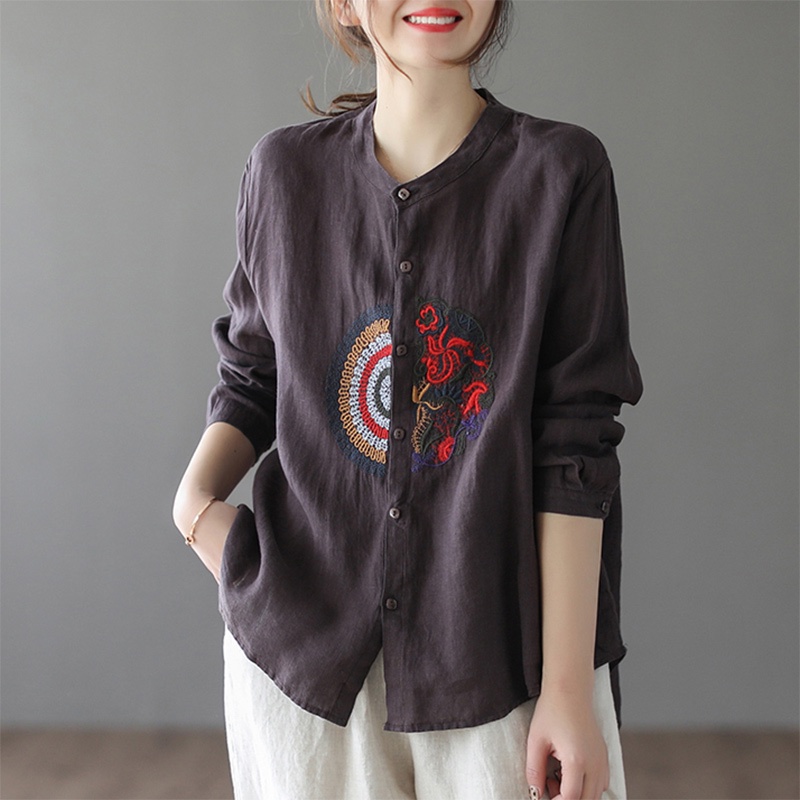 Ice cotton linen embroidery linen women's shirt long-sleeved blouse vintage a line brand counter cut label