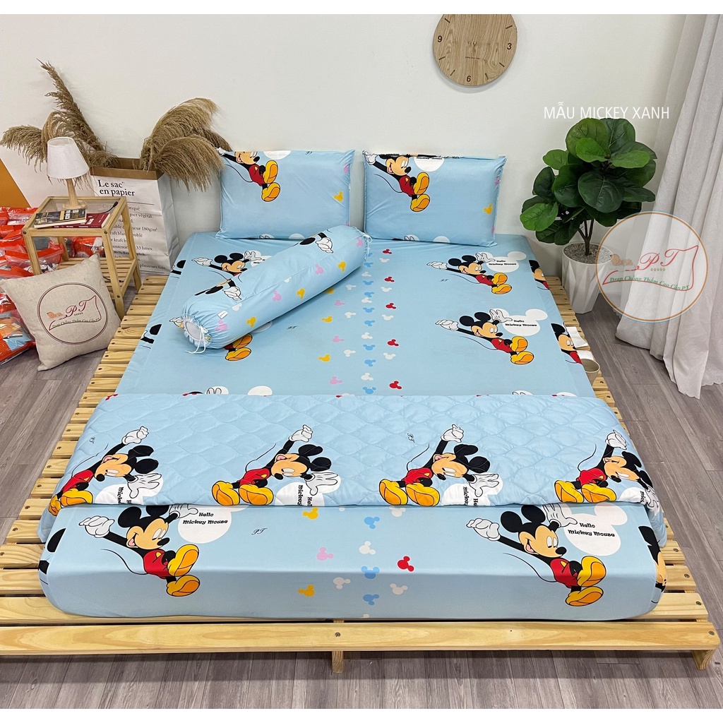 (Mẫu Mickey Xanh) Ga Chống Thấm PT Lụa Organic Siêu Mềm Mượt Mát Mịn Cho Bé